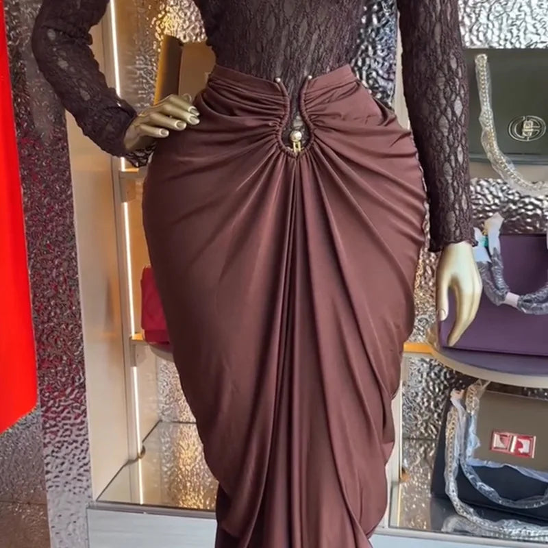Woman Skirt Set Long Sleeve Lace Top and Long Skirt Lady Two Piece Set for Birthday Party Club