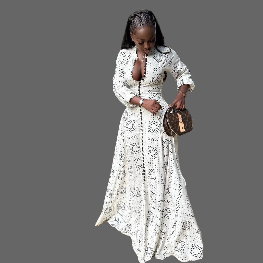 Print V-neck Button Down Flowy Maxi Dress Woman V-neck Casual Long Dress for Vacation Daily