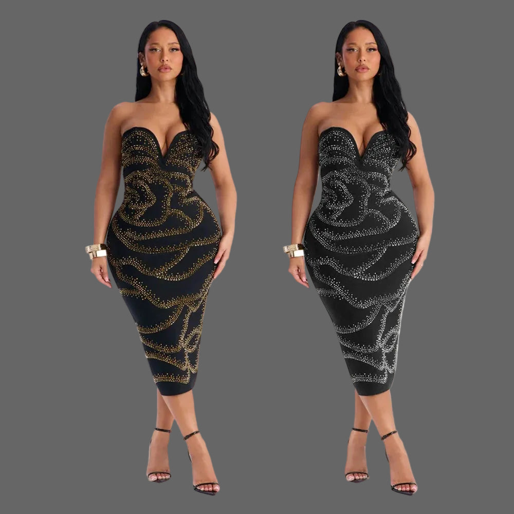 Strapless Rhinestone Mini Dress Woman Stretchy Bodycon for Birthday Party Club