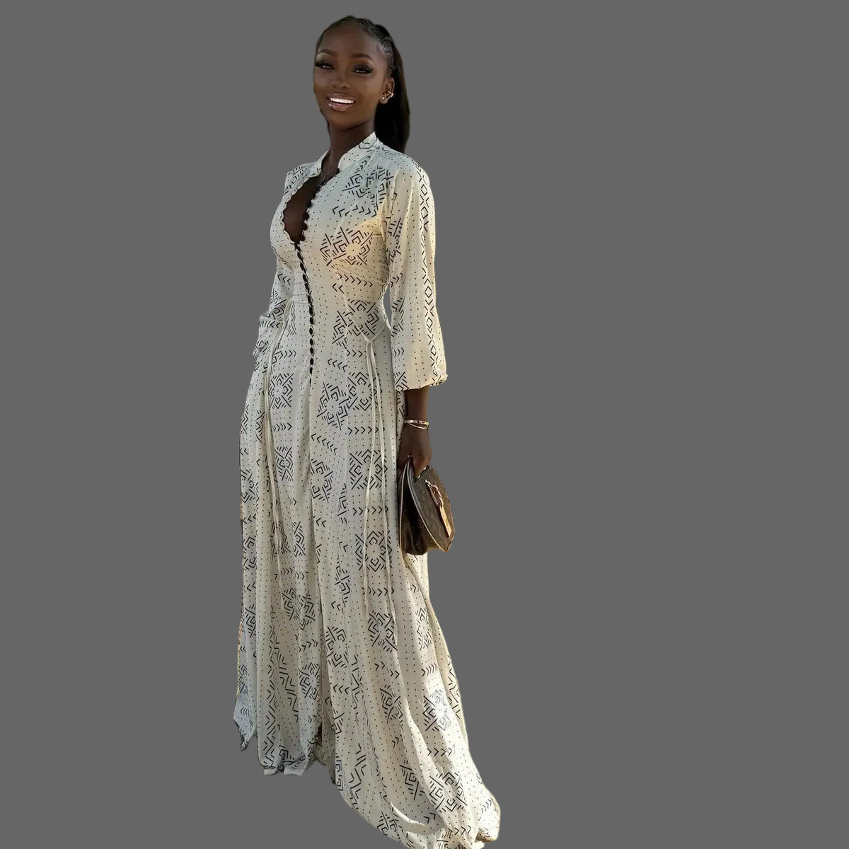 Print V-neck Button Down Flowy Maxi Dress Woman V-neck Casual Long Dress for Vacation Daily
