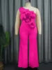 High Waist Casual One Shoulder Stylish Pink Big Flower Patchwork Lady Classy Jumpsuit