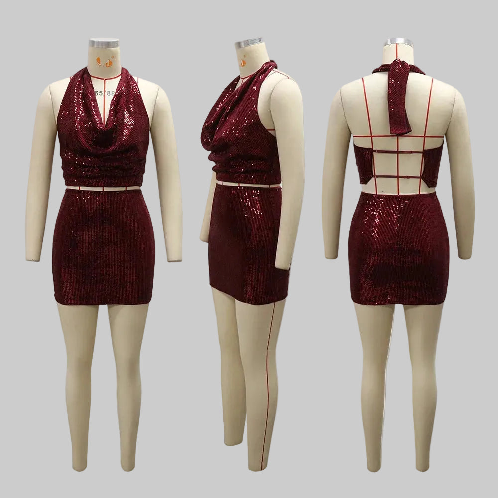 Sequin 2 Piece Halter Neck Cowl Crop Top & Mini Skirt Set Sexy Backless Party Outfit