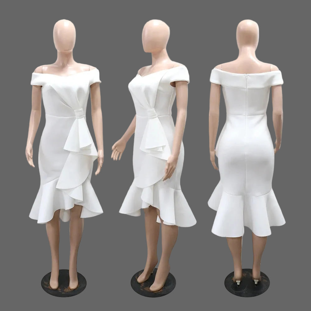 Off Shoulder Ruffle Midi Dress Woman Asymmetrical Peplum Bodycon Party Dress