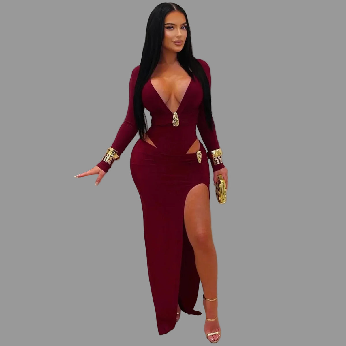 Deep Veck Hollow Out Maxi Dress Woman Sexy High Slit Night Out Club Party Outfit
