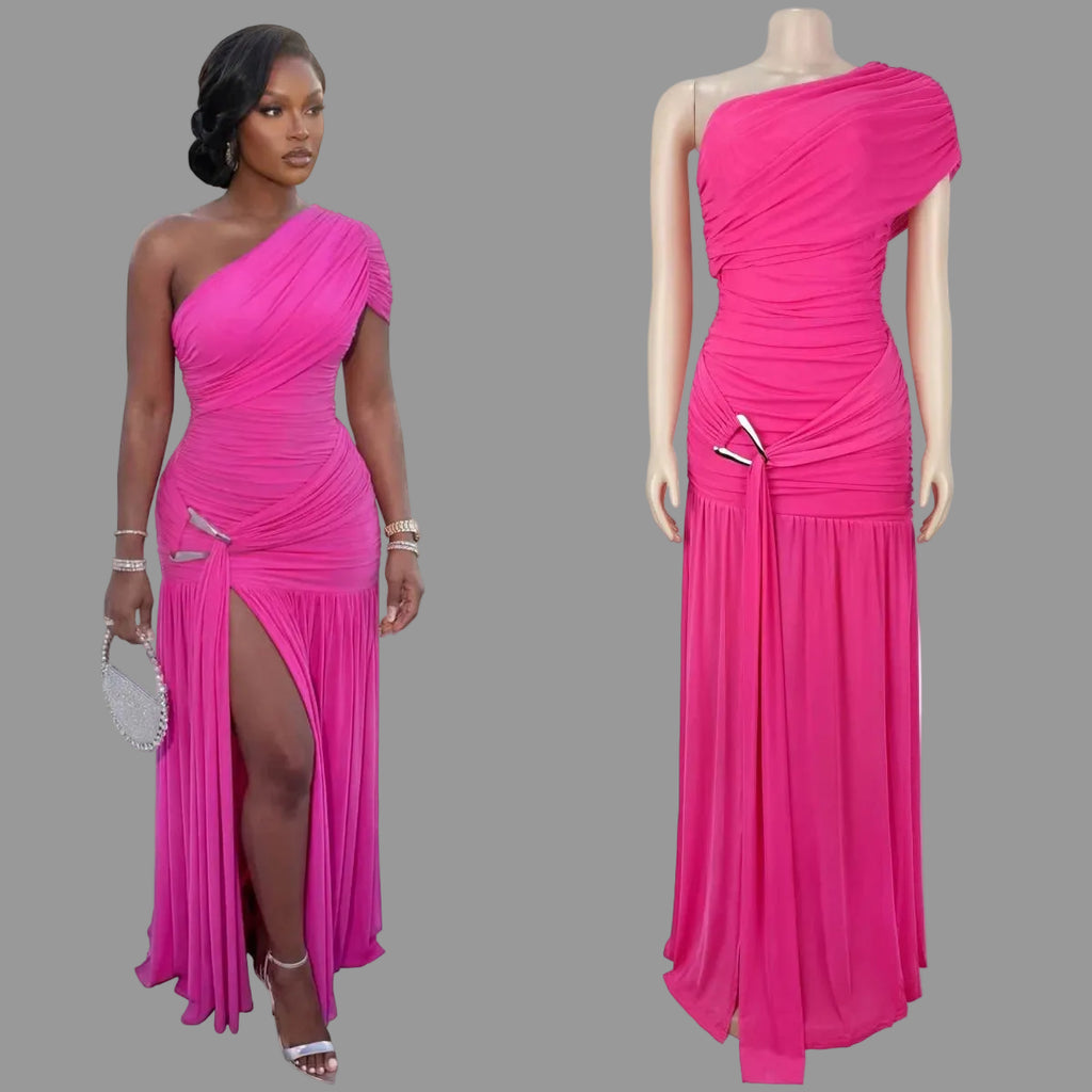 One Shoulder Ruched Mesh Maxi Dress Metal Buckle High Slit Pleated Hem Party Gown