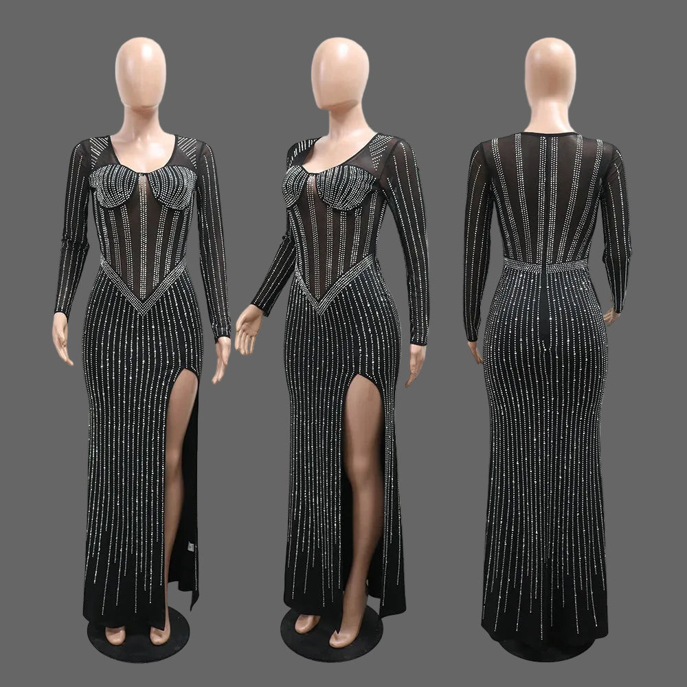 Stunning Empire Waist Maxi Rhinestone Bodycon Evening Dress High Slit Woman Birthday Party Club Outfit