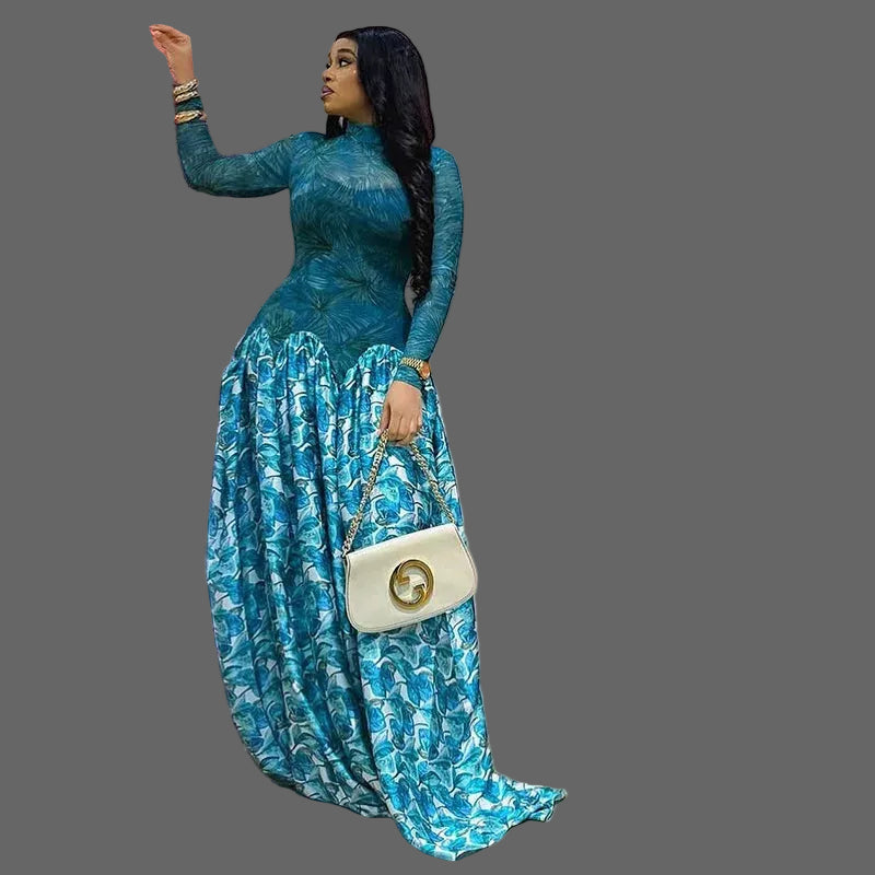 Print Long Sleeve Women Dresses Stretchy Mesh Flare Maxi Dress Lady Outfits S-XL