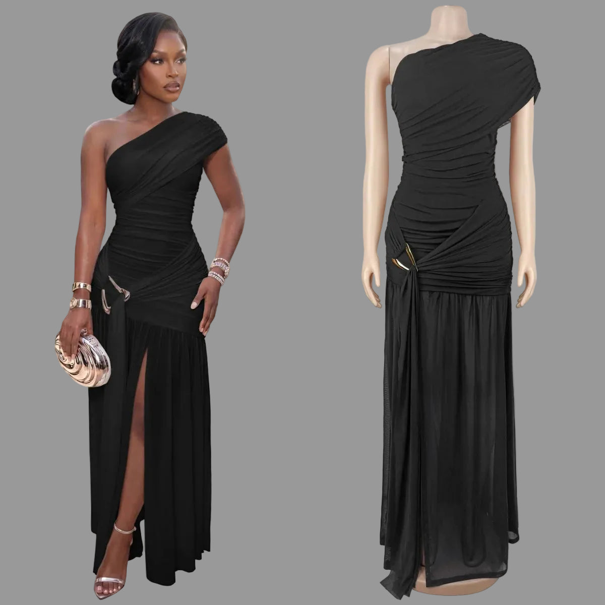 One Shoulder Ruched Mesh Maxi Dress Metal Buckle High Slit Pleated Hem Party Gown