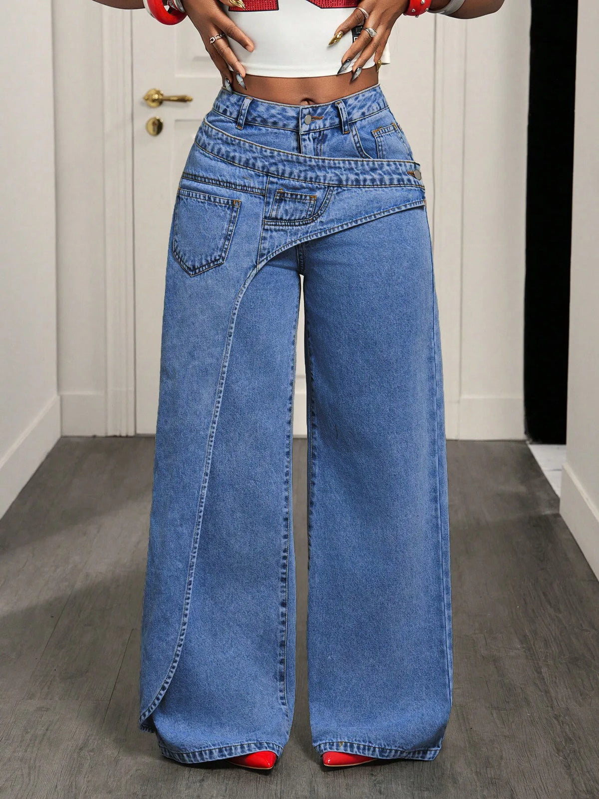 Women Asymmetrical Wrap Overlay Straight Breathable High Waist Mock Two Piece Deconstructed Jeans Streetwear