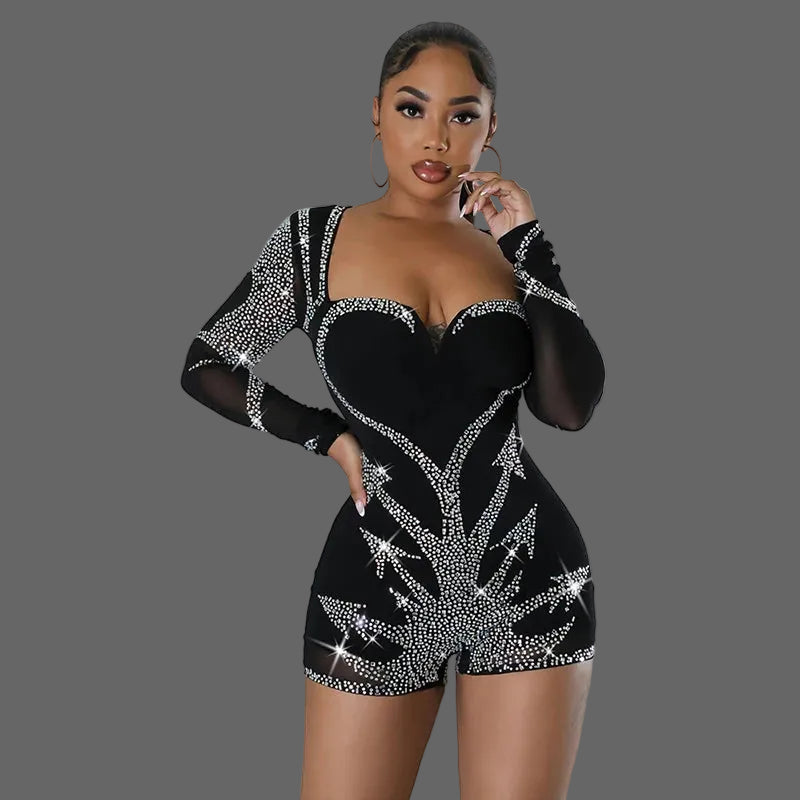 Glass Crystal Long Sleeve Zip-up Romper Heart Rhinestone Jumpsuits Playsuits Woman