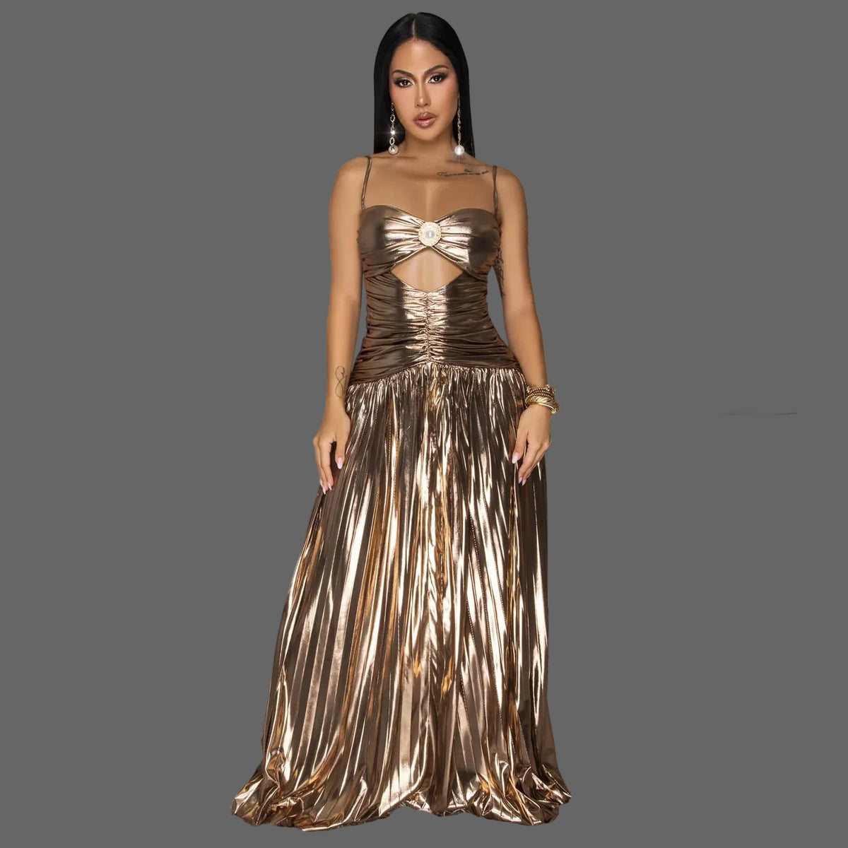 Solid Maxi Dress Woman Slip Dress Spaghetti Strap Elegant V-Neck Bodycon Daily Wear