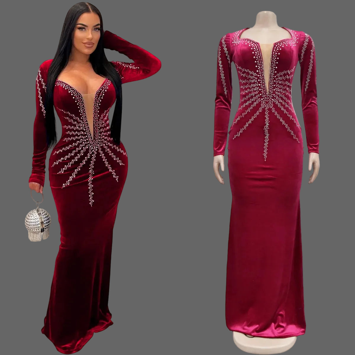 Elegant Rhinestone Velvet Mermaid Evening Gown