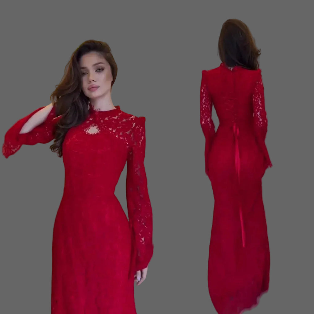 Mermaid Maxi Dress Long Sleeve Corset Back Lace-Up Formal Evening Party Gown