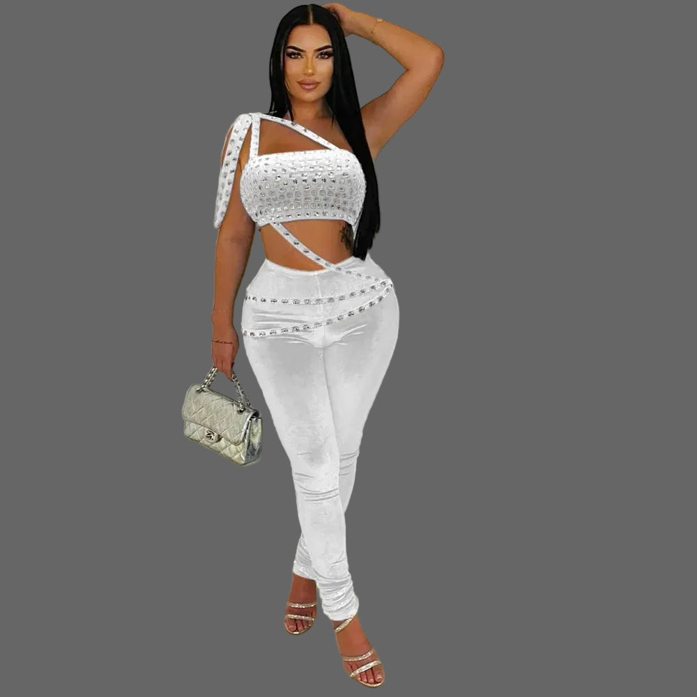 Women's Two-Piece Set Strapless Crop Top Rhinestones Skinny Fit Long Pants Casual Solid Short