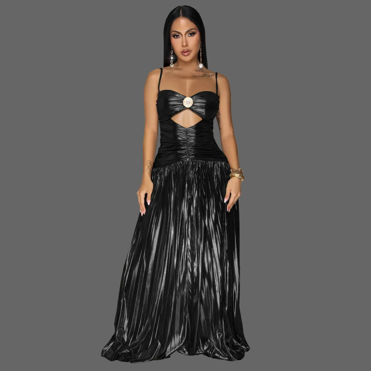 Solid Maxi Dress Woman Slip Dress Spaghetti Strap Elegant V-Neck Bodycon Daily Wear