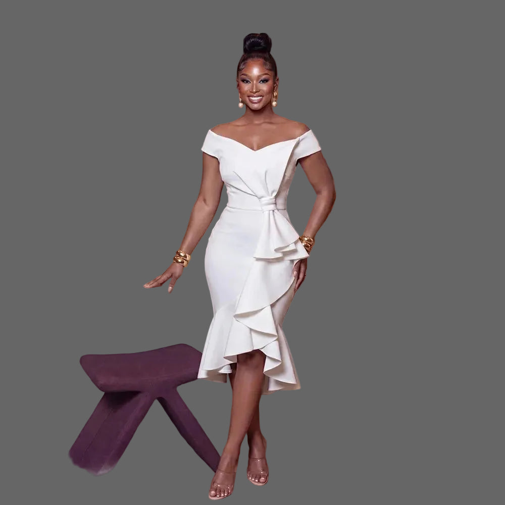 Off Shoulder Ruffle Midi Dress Woman Asymmetrical Peplum Bodycon Party Dress
