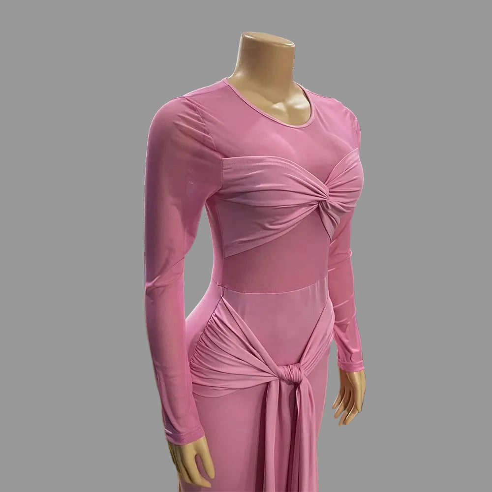 Woman Ruched Maxi Dress Long Sleeve Mesh Pleated Bodycon Femme Robe for Party Club Birthday