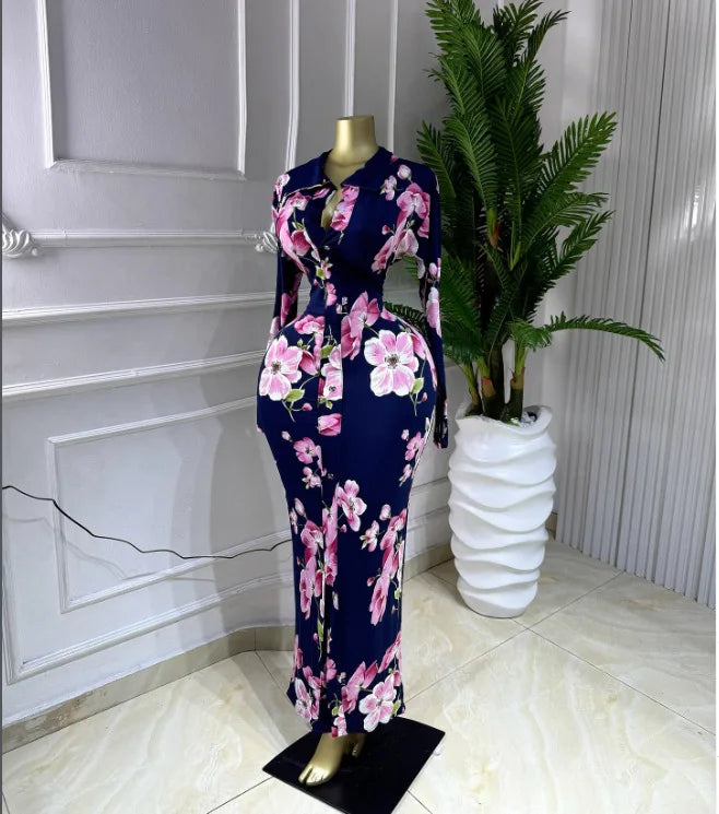 Chunya New in Tropical Floral Print Bodycon Maxi Dress Long Sleeve Collared Wrap Evening Gown with Front Slit