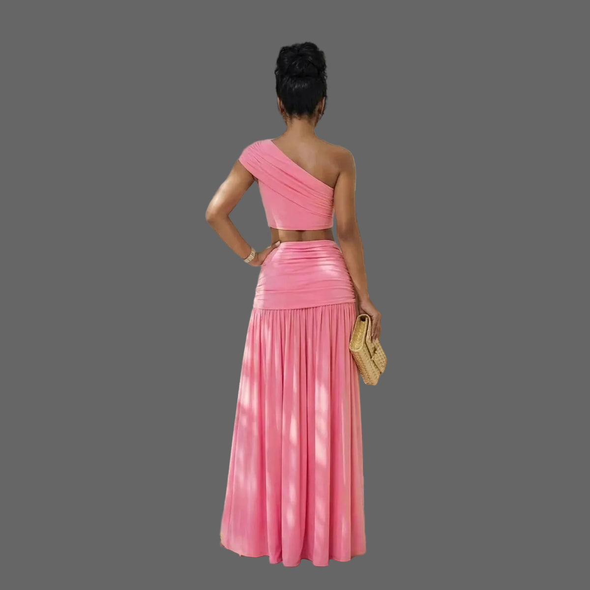 Two-Piece Set One Shoulder Crop Top & High Waist Maxi Skirt with Gold Flower