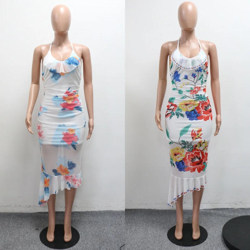 Halter Midi Dress Woman Solid Mesh Bodycon Stretchy Robe Lining Natural Breathable Eco-Friendly Sexy Club