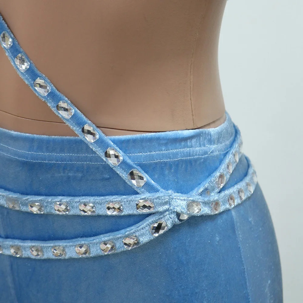 Women's Two-Piece Set Strapless Crop Top Rhinestones Skinny Fit Long Pants Casual Solid Short