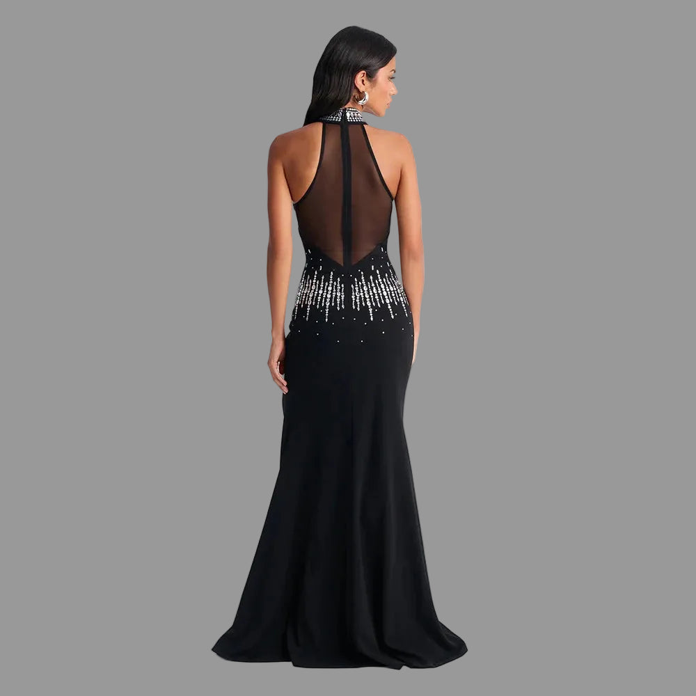 Rhinestone Maxi Dress Empire Waist Milk Silk Eco-Friendly Bodycon Sleeveless Evening Dress for Party Club