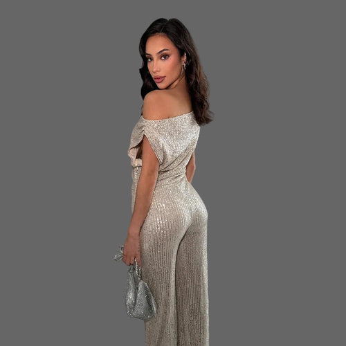 Casual Breathable Slash Sequin Jumpsuit Women Slim Fit for Birthday Party Club