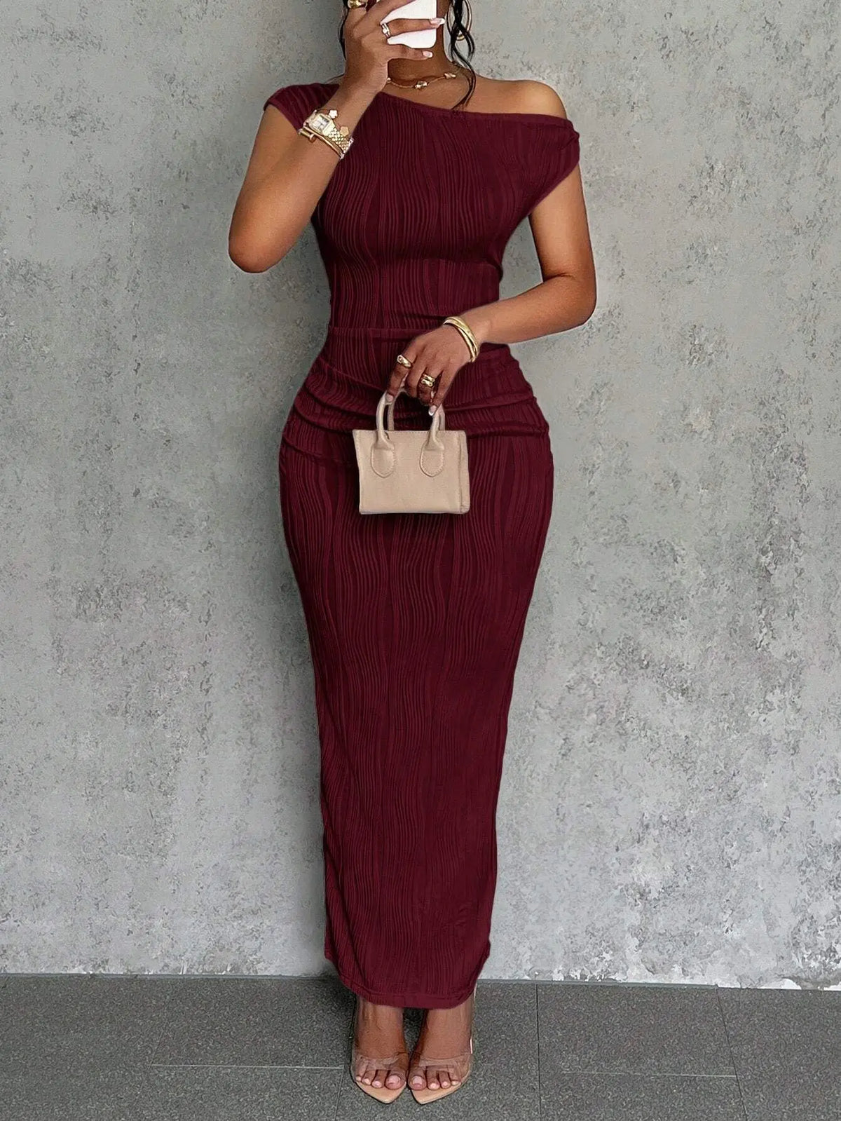 Fashionable Water Ripple Sloping Shoulder Dress