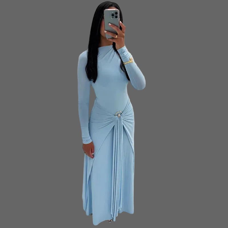 Solid Cute Ruched Maxi Dress Woman Asymmetrical Natural Regular Fit Eco-Friendly Bodycon Silhouette for Birthday Club