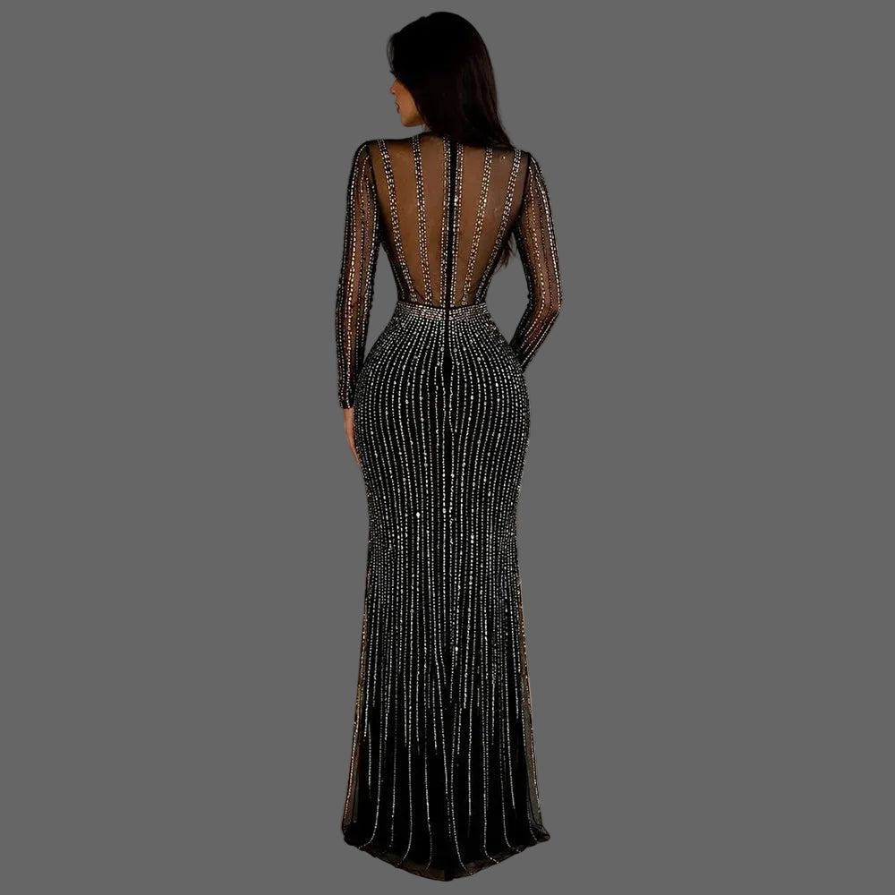 Stunning Empire Waist Maxi Rhinestone Bodycon Evening Dress High Slit Woman Birthday Party Club Outfit
