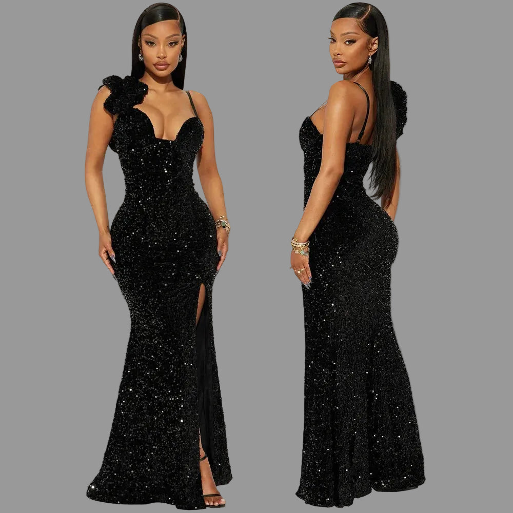 Spaghetti Strap Prom Dresses Sequin Ball Activity Dressing Women Evening Maxi Slit Dress