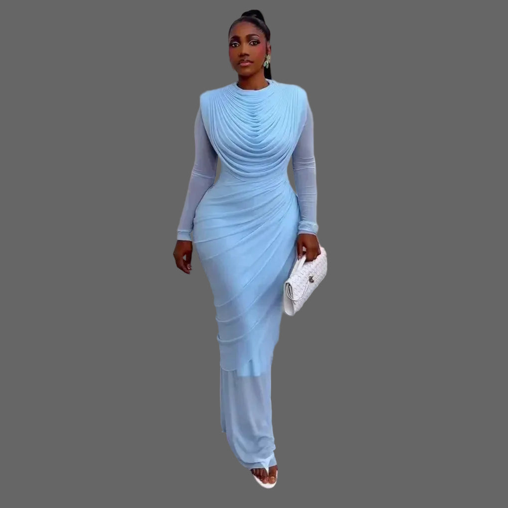 Huda Draped Dress Woman Ruched Maxi Dress Long Sleeve Slim Fit Dinner Gown
