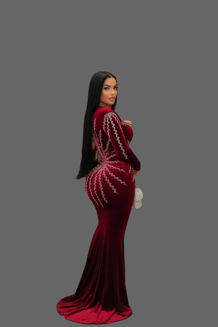 Elegant Rhinestone Velvet Mermaid Evening Gown