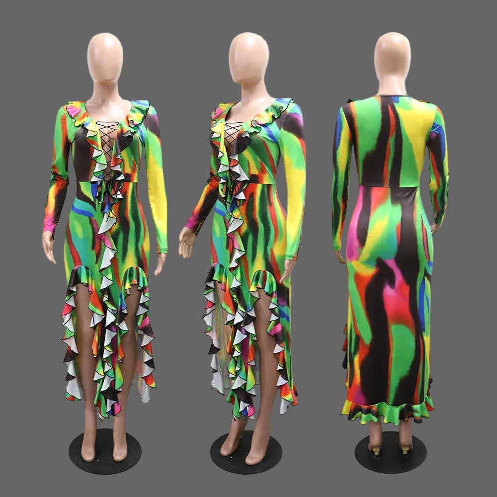 Colorful Abstract Print Lace up Ruffle Midi Dress Long Sleeve High Slit Bodycon Party Gown