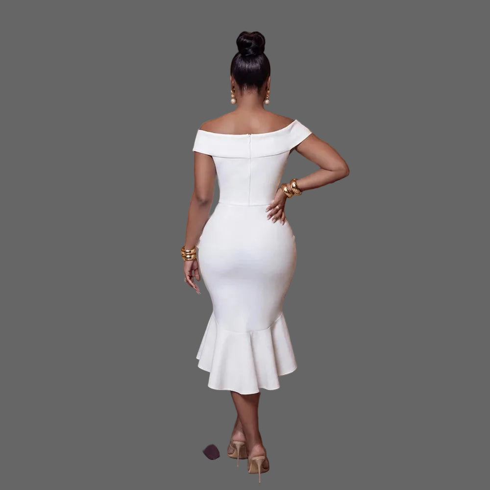 Off Shoulder Ruffle Midi Dress Woman Asymmetrical Peplum Bodycon Party Dress
