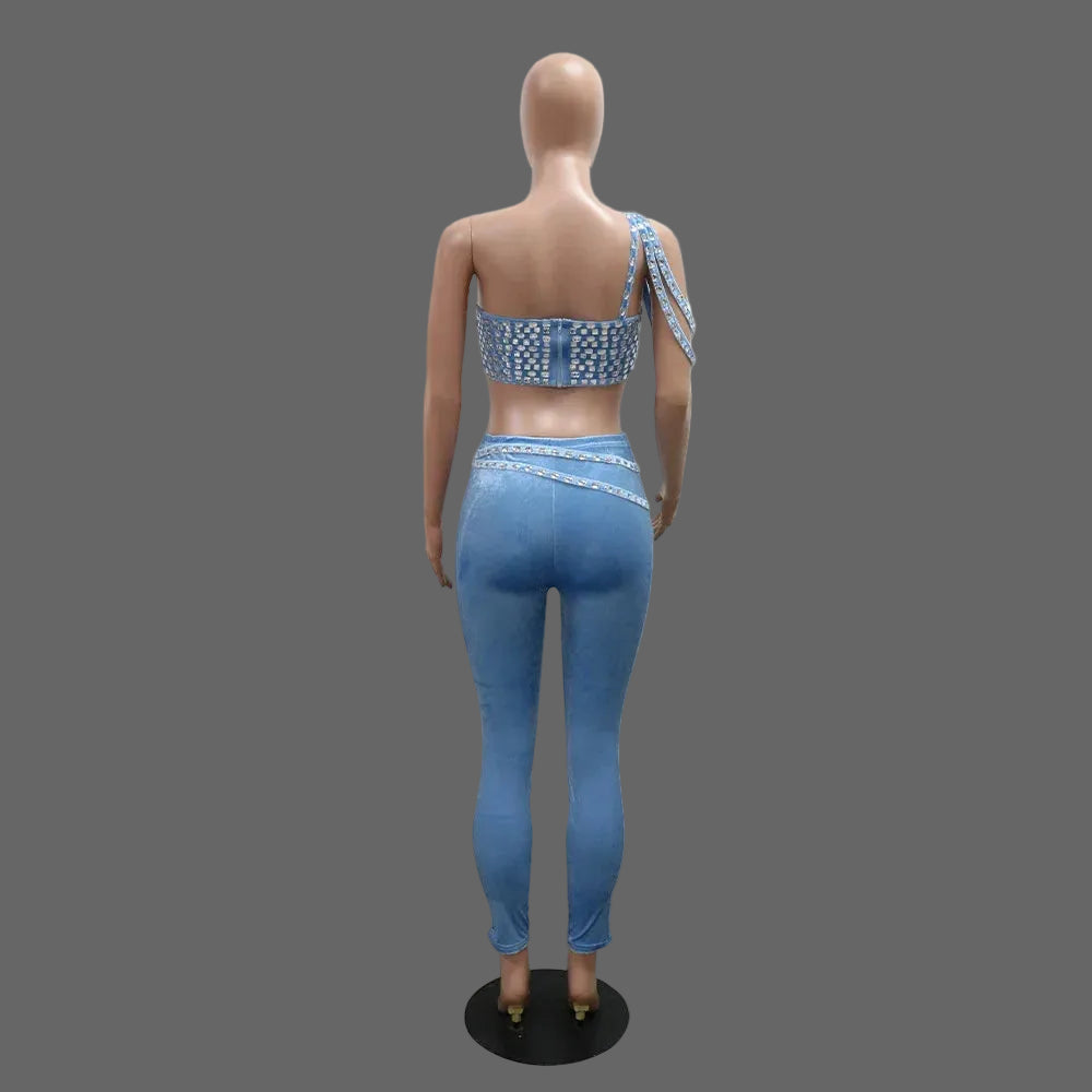 Women's Two-Piece Set Strapless Crop Top Rhinestones Skinny Fit Long Pants Casual Solid Short