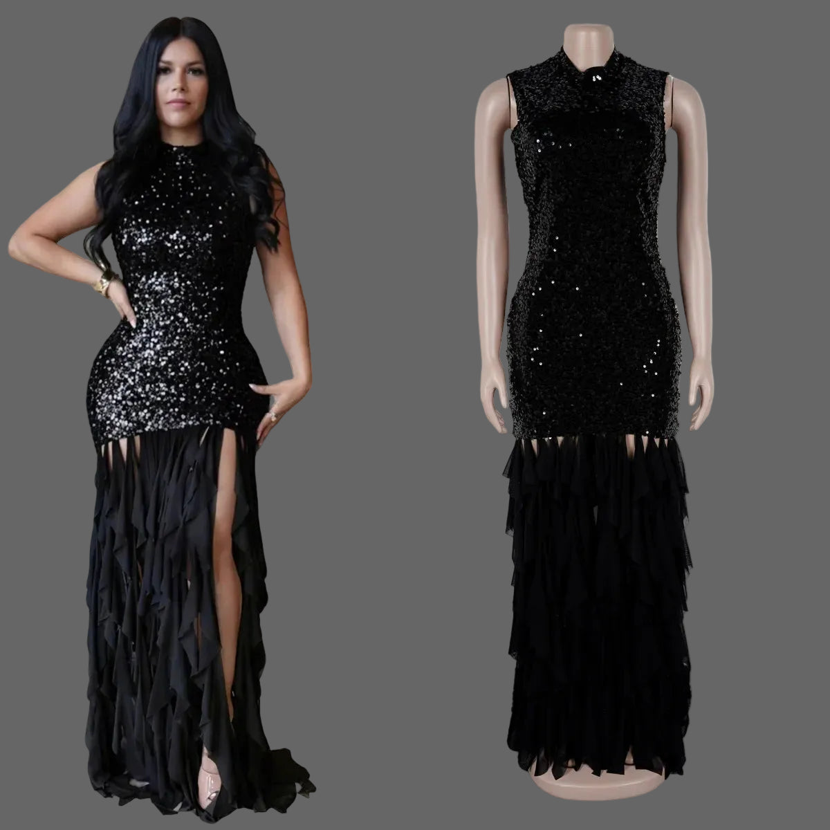 Sequin Patchwork Maxi Dress Woman Elegant Evening Dress Dinner Party Gown