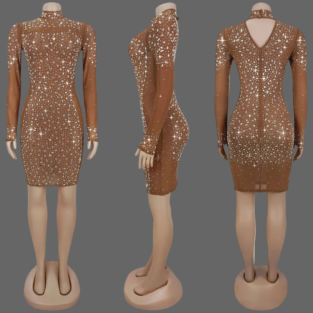 CX7591 Mesh Rhinestone Mini Dress Sexy See Through Bodycon for Party Club Birthday Night Out