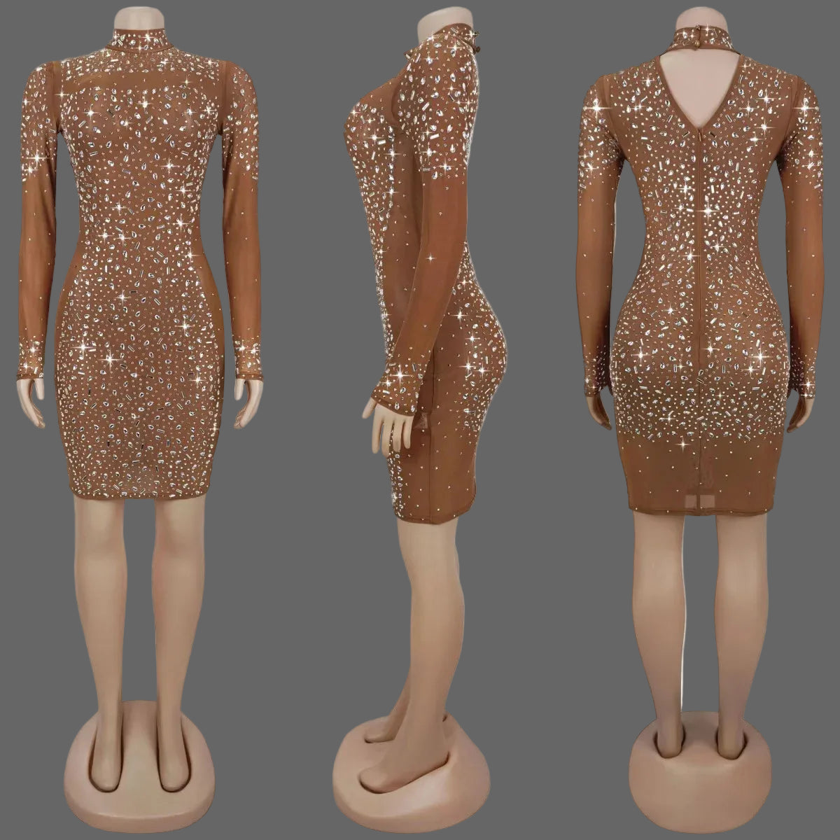 CX7591 Mesh Rhinestone Mini Dress Sexy See Through Bodycon for Party Club Birthday Night Out