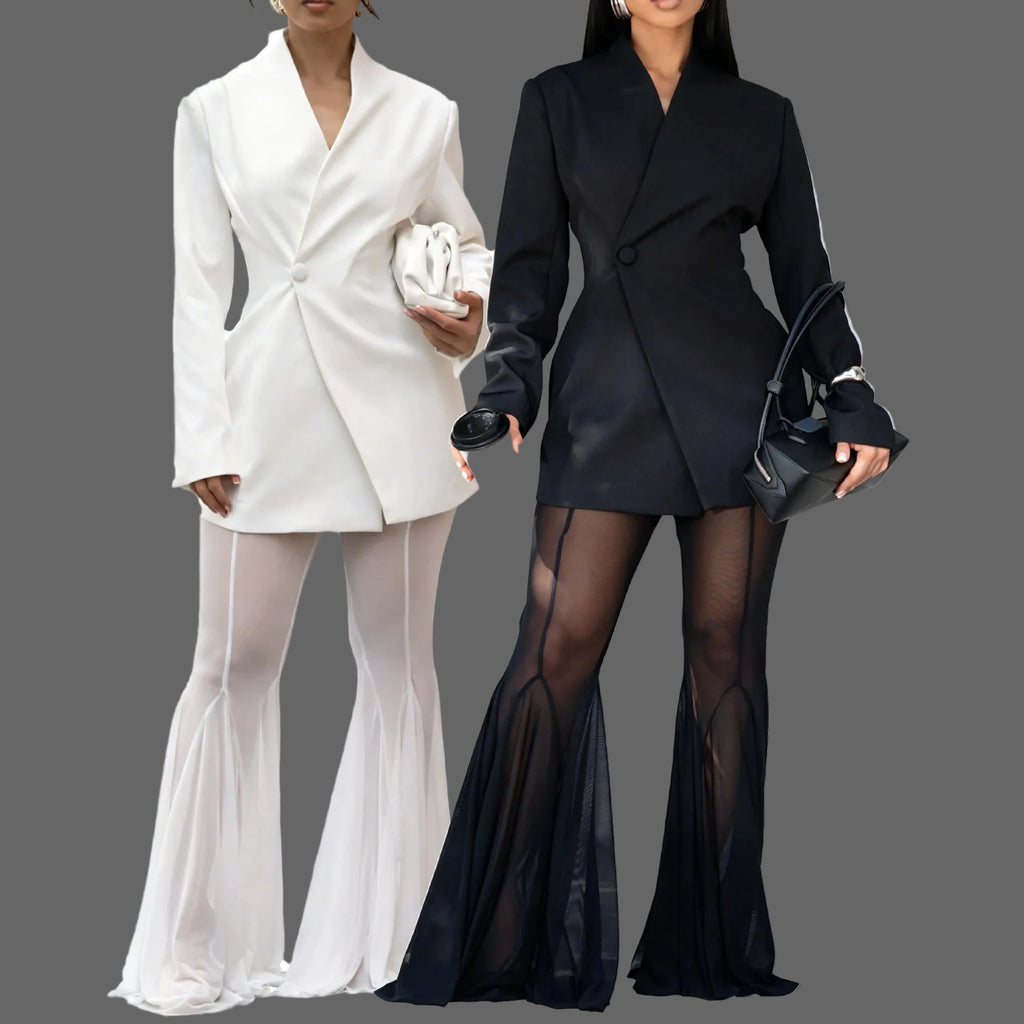 Women Solid Casual One Button Fitted Blazer Two Piece Set Sheer Mesh Flare Bell Bottom Pants Party Suit
