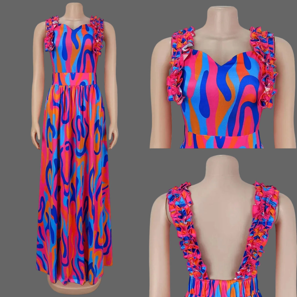 Solid Natural Waistline Maxi Bodycon Sexy Sleeveless Beach Dress Printed
