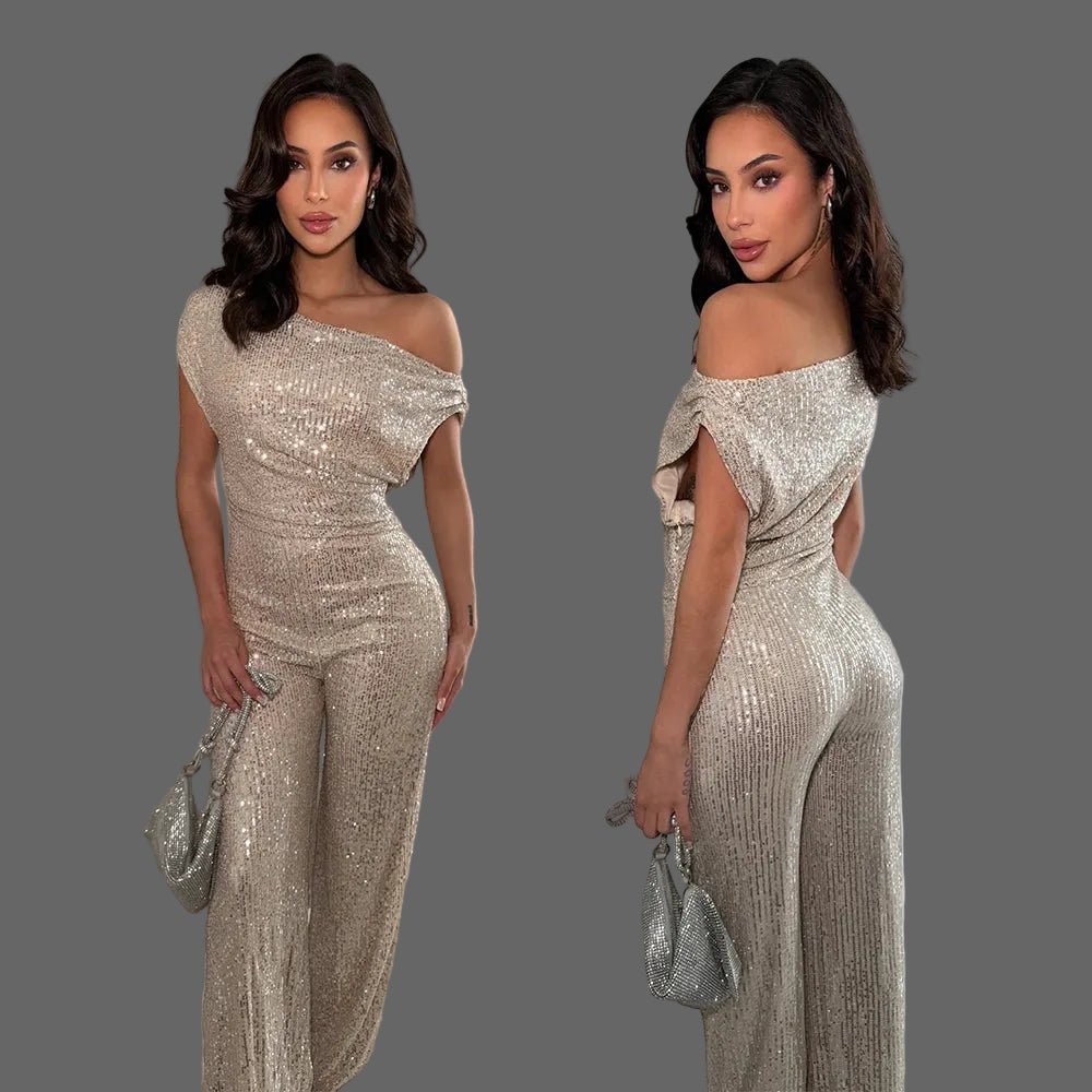 Casual Breathable Slash Sequin Jumpsuit Women Slim Fit for Birthday Party Club