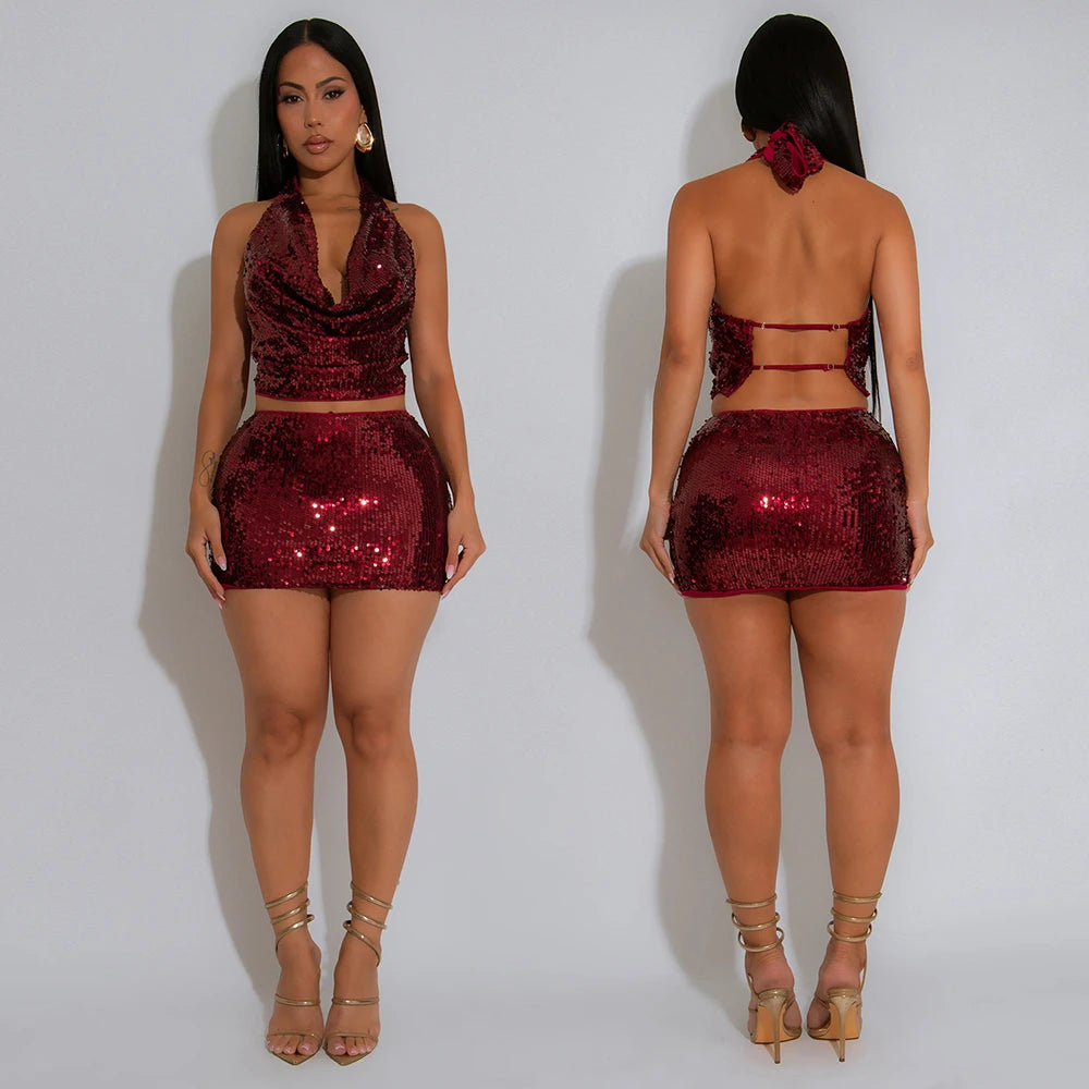 Sequin 2 Piece Halter Neck Cowl Crop Top & Mini Skirt Set Sexy Backless Party Outfit