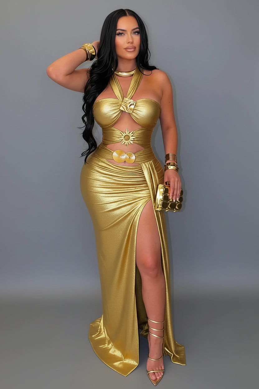Women's Metallic Halter Cutout Maxi Dress High Slit Ruched Bodycon Evening Party Gown