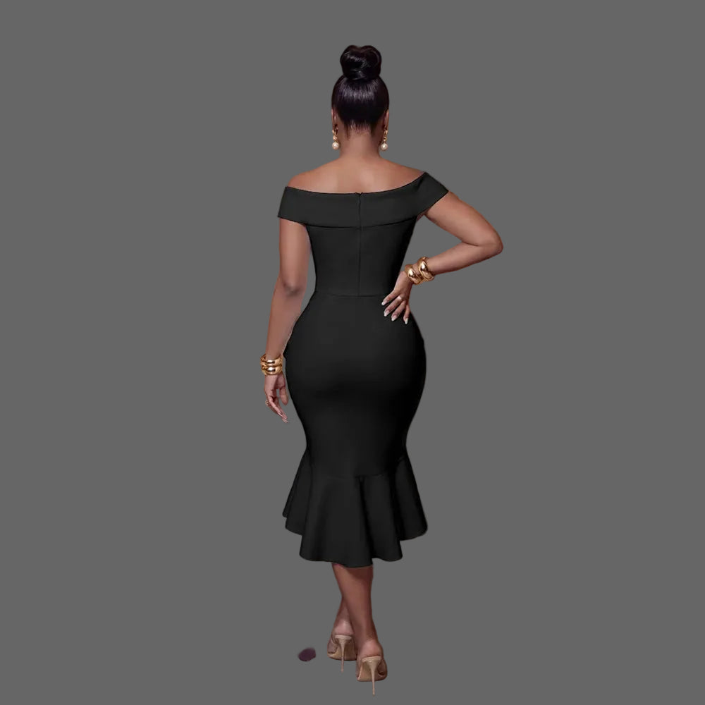 Off Shoulder Ruffle Midi Dress Woman Asymmetrical Peplum Bodycon Party Dress