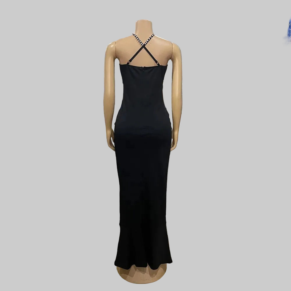 Slip Maxi Dress Woman Black V Neck Sexy Date Birthday Dress