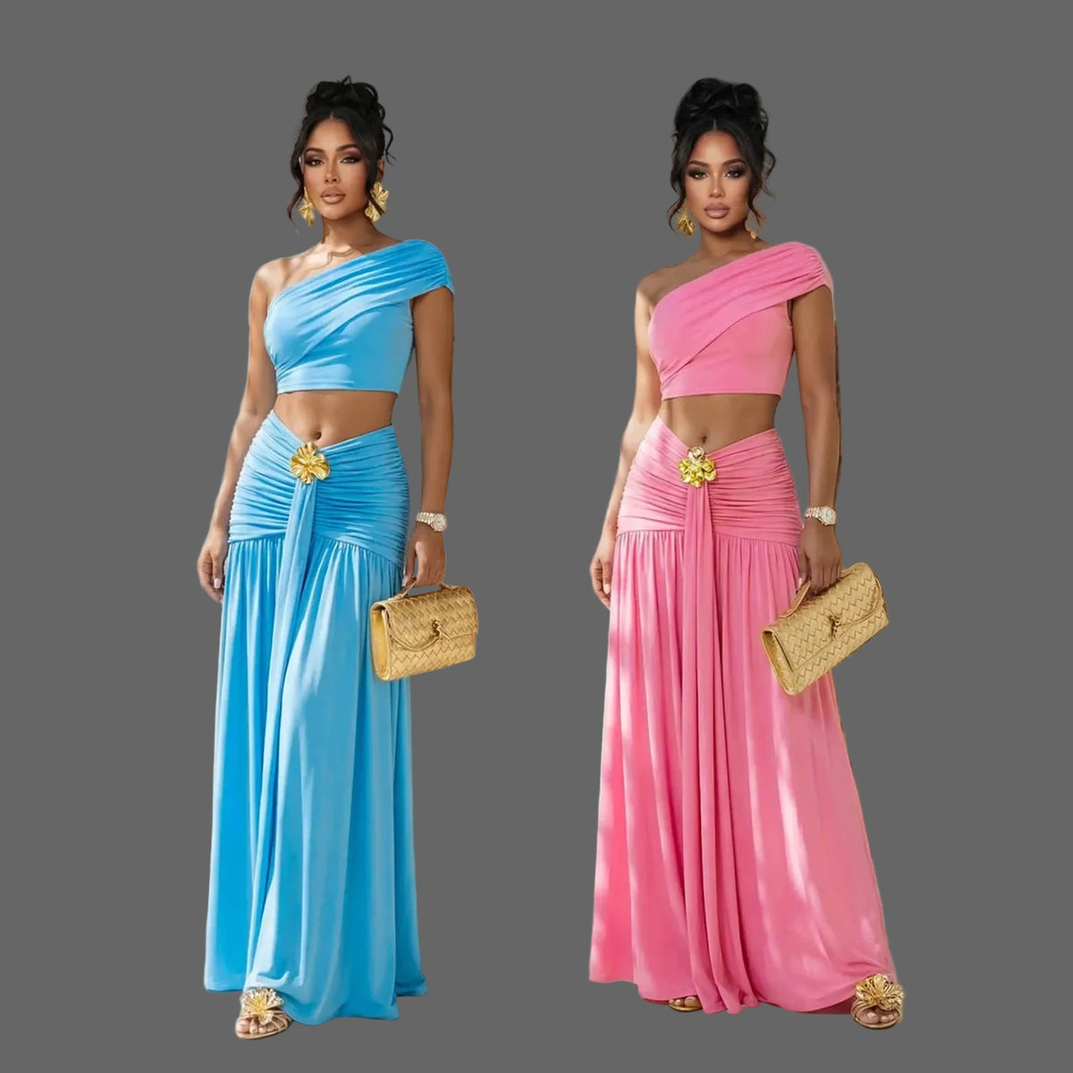 Two-Piece Set One Shoulder Crop Top & High Waist Maxi Skirt with Gold Flower