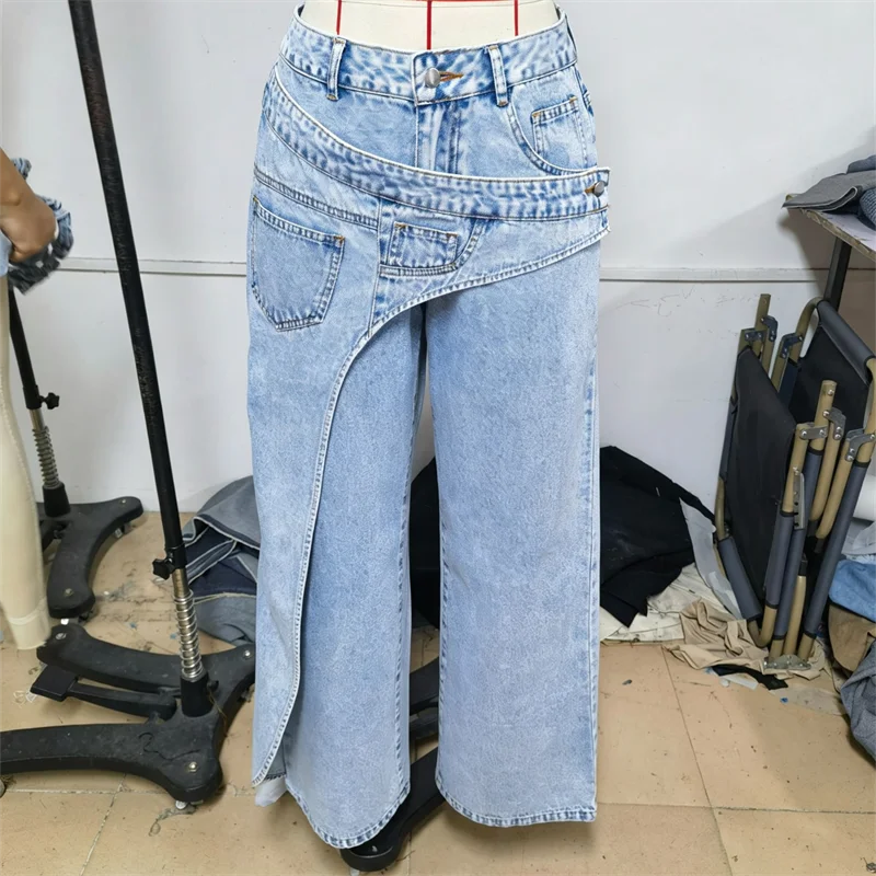 Women Asymmetrical Wrap Overlay Straight Breathable High Waist Mock Two Piece Deconstructed Jeans Streetwear