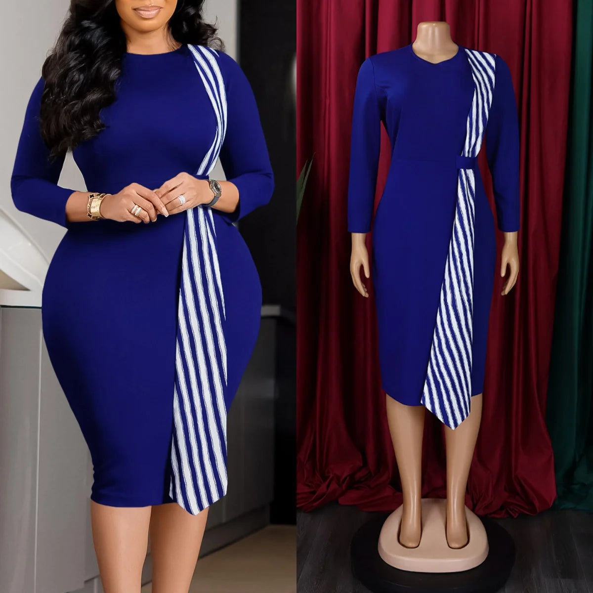 High Quality Midi Dress Woman Robe Long Sleeve Regular Fit Bodycon Natural Waist Diamonds