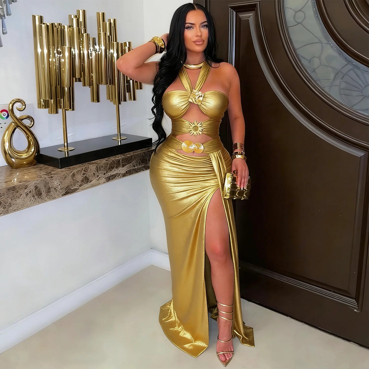 Women's Metallic Halter Cutout Maxi Dress High Slit Ruched Bodycon Evening Party Gown